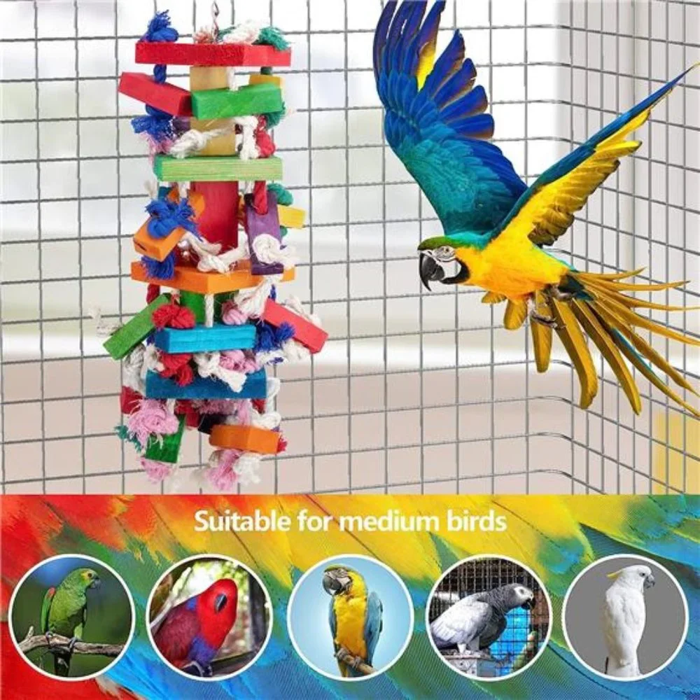 Bird Block Knots Tearing Toy-19.7inch Multicolored Natural Wooden Parrot Chewing